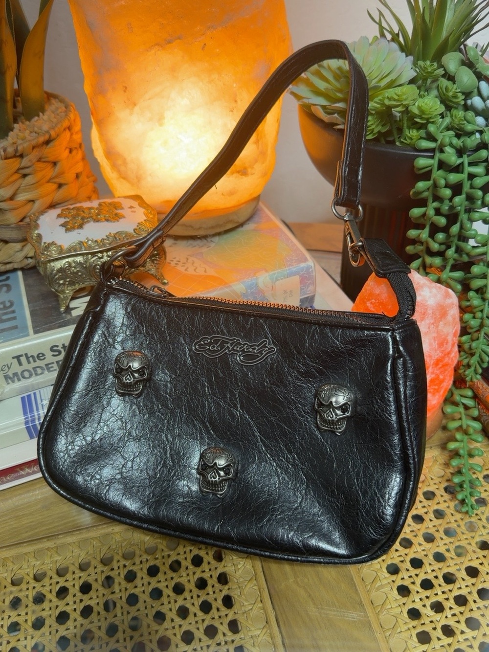 Ed Hardy Black Mini Shoulder Bag Metal Skull Studs Y2K Goth Baguette Purse